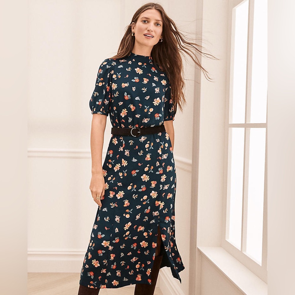 Ann Taylor high neck Dark Teal Puff Sleeve Midi peach Floral Dress with slit
